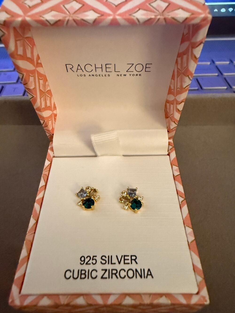 Rachel Zoe 925 Silver Blue Clear CZ Cluster Stud Earrings Gold Tone NIB - Picture 2 of 5